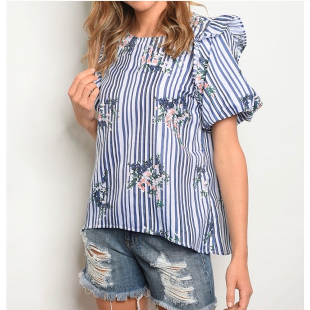 White Navy Stripe Ruffle Detail Floral Top S M L